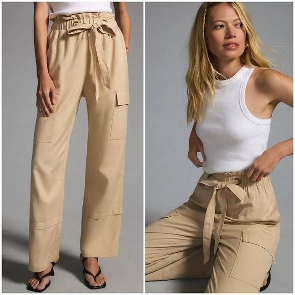 Anthropologie En Saison Taupe Linen Blend Tie Waist Cargo Pants - Picture 2 of 8